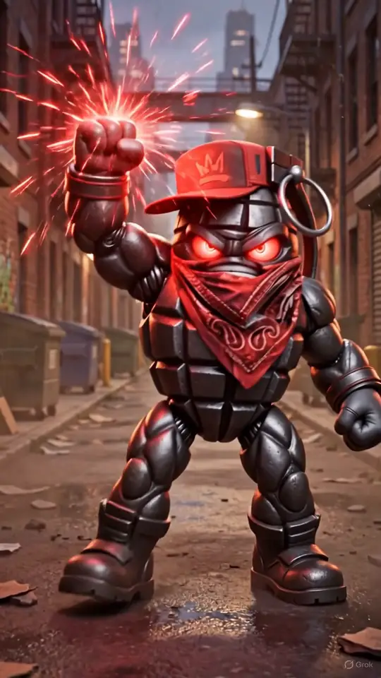 G-nade mid-punch, red sparks flying, in a gritty alley